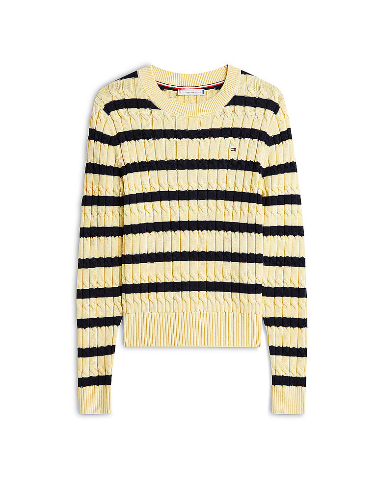 Rundhalspullover TOMMY HILFIGER "CO CABLE MID GG C-NK LS SWT", Damen, Gr. XL (42), zesty gelb, schwarz n navy stp, Strick, Obermaterial: 100% Baumwolle, gestreift, regular fit normal, Rundhals, Rippbündchen, Pullover Rundhalspullover, mit Zopfmuster